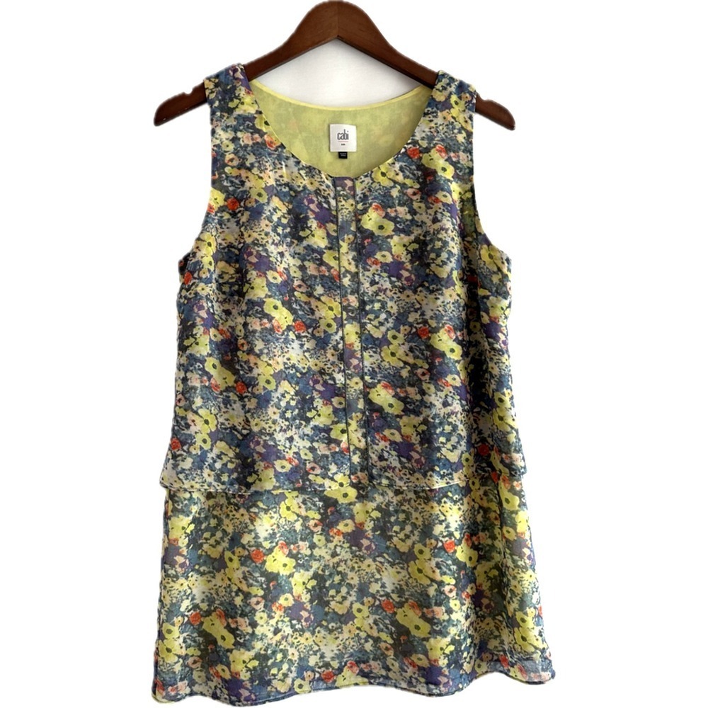 Cabi Shirt Women's S Positano Blue Yellow Layered Floral Watercolor Tank Top